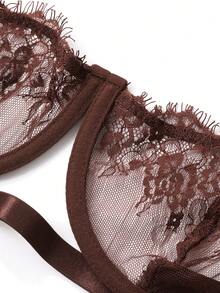 2 piezas Conjunto de lencería sexy para mujer con sujetador con aros y tirantes calados - Marrón - Ver 12
