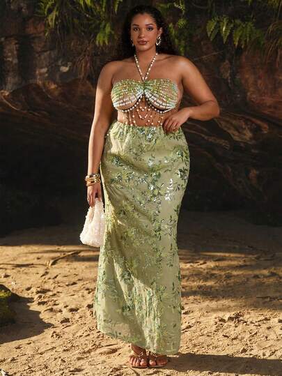 SHEIN BAE Fustă de damă Plus Size cu model floral și paiete, versatilă, pentru întâlniri/ieșiri în oraș