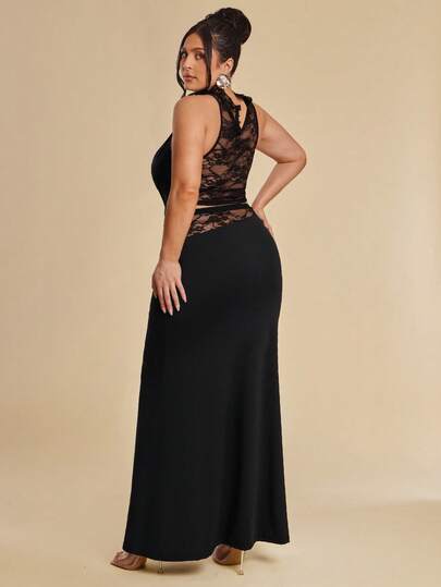 SHEIN BAE Plus Size Women Sexy Fitted Adjustable Strap Ruffle Hem A-Line Dress,Elegant Women's Black Halter Maxi Dress With Lace Bodice And Waist Detail For Evening Occasions
Sophisticated Black Lace Embellished Cowl Neck Halter Maxi Dress For Women Special Events
Women's Sexy Black Halter Maxi Dress Featuring Sheer Lace Details Perfect For Party Nights