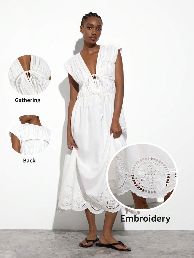 SHEIN Maija Women's Casual Solid Color Tie-Up Long Dress, Summer,Summer Dresses For Women