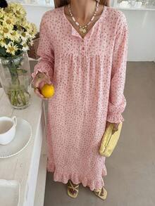 DAZY Sweet Allover Cherry Print Ruffle Trim Nightgown Pajama, Moo Moo Sleep Dress, Fall, Winter - Pink - View 2