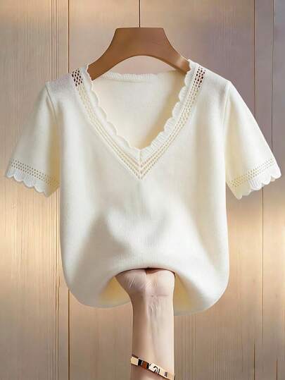 Franclia White V-Neck Hollow Trim Fashionable Minimalist Casual Commute Holiday Party Spring/Summer Short Sleeve Cropped Knit Sweater For Women