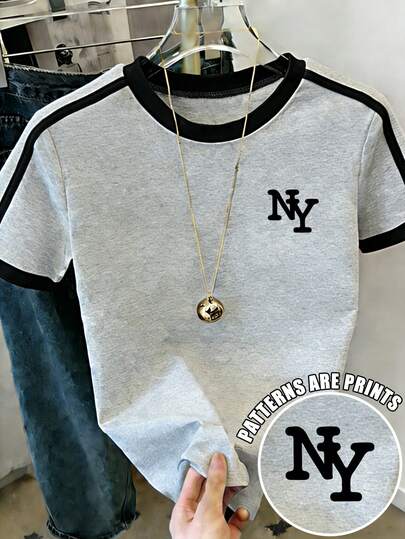 Resyla Áo thun nữ thường ngày - Áo thun phối màu với họa tiết New York, áo mùa hè nhẹ nhàng thích hợp mặc hàng ngày.