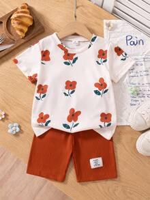 SHEIN 女童碎花圆领短袖简约T恤，罗纹修身舒适长裤，甜美可爱休闲套装，夏季 - 棕色 - 查看 1