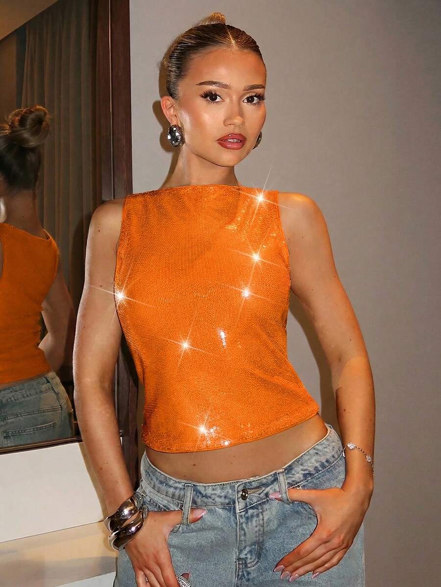 SHEIN BAE Áo vest không tay màu xanh ô liu trơn, kiểu dáng bất đối xứng, đính kim tuyến, thích hợp cho buổi hẹn hò, tiệc tùng, trà chiều, đám cưới, sinh nhật, lễ tình nhân, hòa nhạc, phong cách tối giản và thời trang, có thể mặc đi chơi đêm hoặc đến câu lạc bộ. - Màu Cam cháy - Xem 1