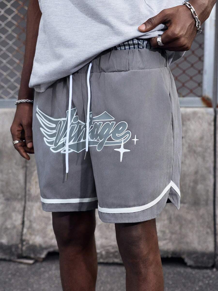 EVRINFINITE 宽松男士字母印花短裤，撞色饰边，腰部有抽绳 - 灰色 - 查看 1