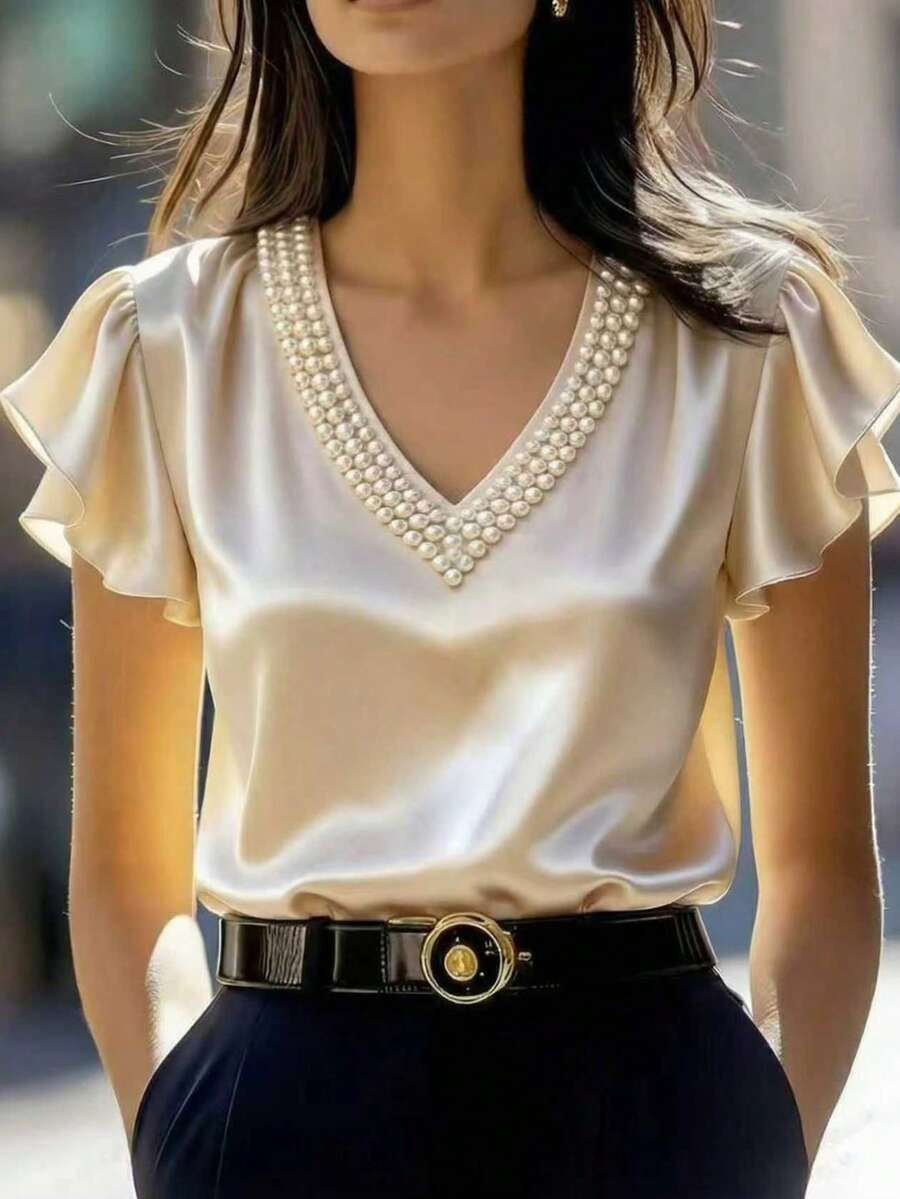 Ellegaria. Áo kiểu tay ngắn cổ chữ V cho nữ, chất liệu satin, thích hợp mặc mùa hè, dự tiệc cưới, tiệc tùng/sinh nhật, trang phục dạ hội thanh lịch, trang phục hẹn hò lãng mạn mùa hè. - Màu be - Xem 1