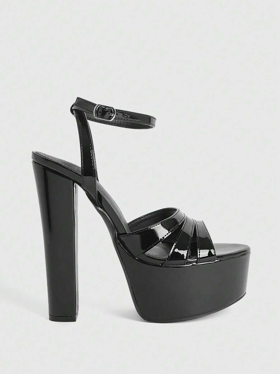 CUCCOO LuxiPop Giày sandal cao gót nữ, mũi tròn, gót dày, đế chống thấm nước, chất liệu PU trong suốt, trang trí quai, thời trang và thoải mái cho hàng ngày, dự tiệc, tiệc tùng, giày hở mũi có khóa cài, phong cách hộp đêm gợi cảm, phù hợp cho lễ Phục sinh, mùa xuân và mùa hè, phong cách những năm 2000. - màu đen - Xem 1