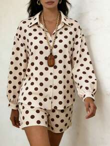 Balvessa 女士波点印花长袖上衣和短裤两件套 - 杏色 - 查看 4
