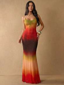 SHEIN BAE Gradient Rainbow Ombre Mesh Print Backless Bohemian Style Dress, Graduation Dress, Extra Long Beach Vacation Ombre Mesh Dress,Summer Dresses For Women - Multicolor - View 1