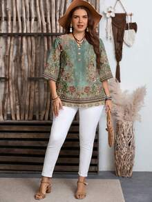 EMERY ROSE Women's Casual Minimalist Green Paisley Floral Placement Print 3/4 Sleeve Shirt, Suitable For Spring And Summer - Multicolor - View 4