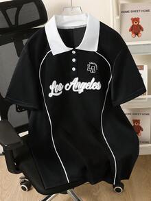Teenage Boys' Polo Shirt, Letter Print Short Sleeve Casual Commuter Polo Shirt With Collar, "Los Angeles" Print, Suitable For Casual Wear, Back To School Season, College Style - Black - View 3