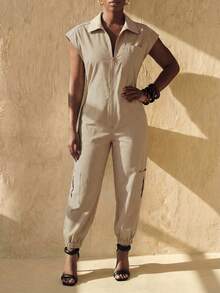 BamGlimmer Spring Valentine's Day New Year Holiday New Design Silhouette Jumpsuit, Fashionable Tropical Vacation Casual Style, Suitable For Travel, Daily Wear, Back To School, Party - Khaki - View 4