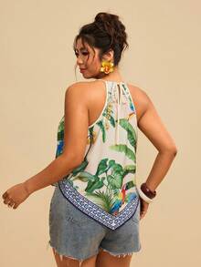 Travachic Women's Spaghetti Strap Sleeveless Loose Parrot & Tropical Plant Print Scarf Summer Tops,Multicolor Boho Beach Holiday Outfits Casual Tank Blouses - Multicolor - View 2