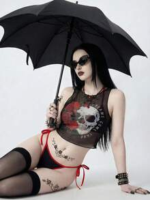 ROMWE Goth 女士休闲度假沙滩派对优雅骷髅印花比基尼罩衫三件套泳衣套装，夏季新款 - 彩色 - 查看 1