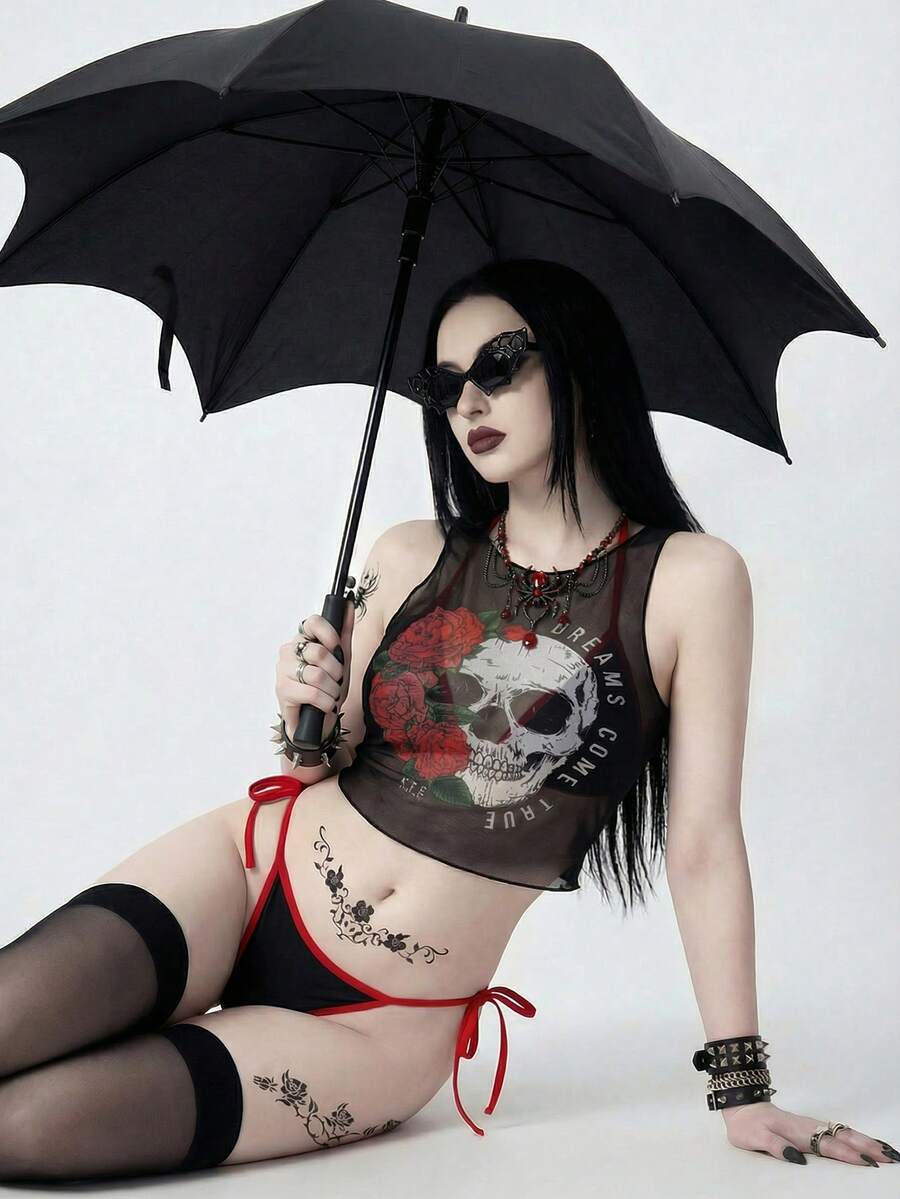 ROMWE Goth 女士休闲度假沙滩派对优雅骷髅印花比基尼罩衫三件套泳衣套装，夏季新款 - 彩色 - 查看 1