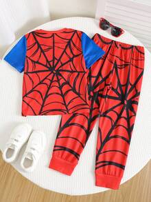 SHEIN Bubblio Bộ 2 món đồ thể thao đường phố cổ điển họa tiết nhện graffiti hoạt hình dành cho bé trai, gồm áo và quần ngắn tay cổ tròn. - Nhiều màu - Xem 3