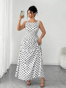 SHEIN Elenzya 大码女式波点印花方领无袖优雅连衣裙 - 白色 - 查看 4