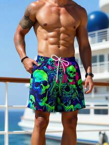 Manfinity Swimmode 男士骷髅印花抽绳腰带口袋沙滩短裤 - 綠色 - 查看 5