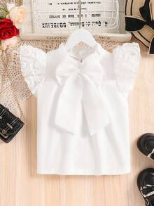 Girls' White Collared Shirt With Sleeve Floral Embroidery, Cinched Waist And Ruffle Hem - White - View 1
