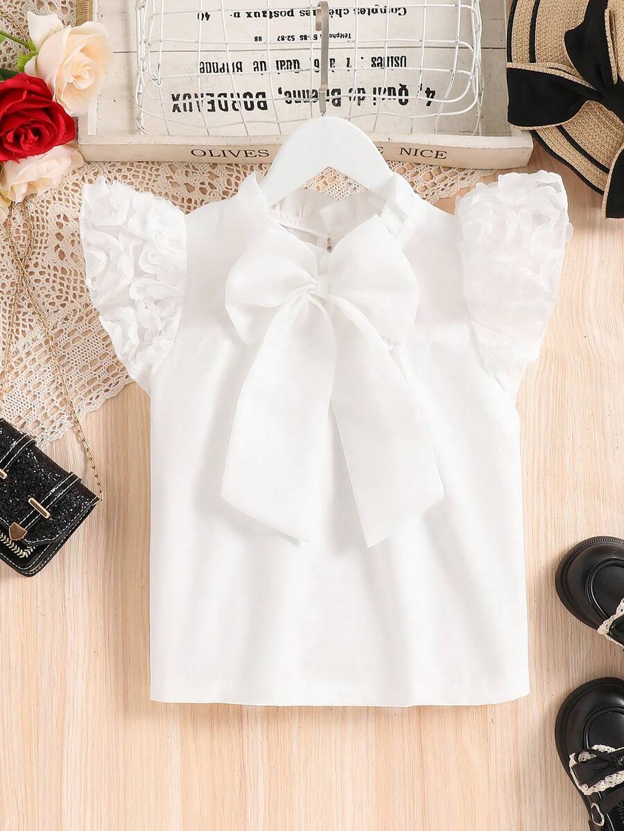 Girls' White Collared Shirt With Sleeve Floral Embroidery, Cinched Waist And Ruffle Hem - White - View 1