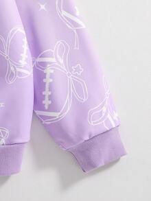 Tween Girl Bow Print Round Neck Drop Shoulder Casual Sweatshirt, Autumn/Winter - Purple - View 4