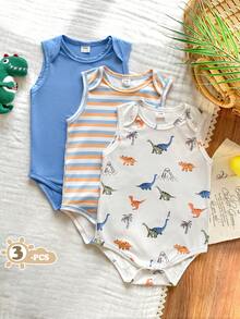 Vintaside Kids Bộ 3 món áo liền quần cho bé trai mùa hè màu xanh dương in hình sinh vật biển dễ thương. - Nhiều màu - Xem 3