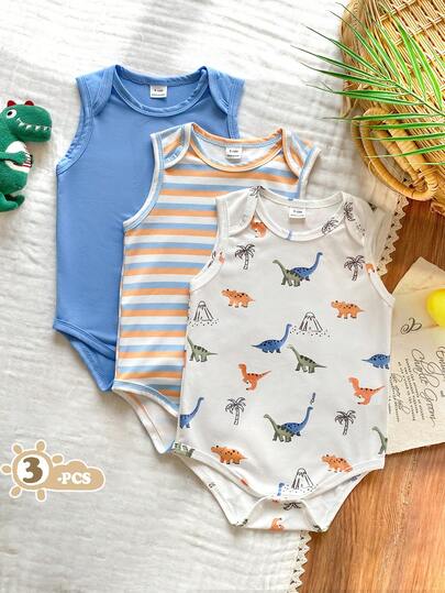 SHEIN Vintaside Kids Bộ 3 món áo liền quần cho bé trai mùa hè màu xanh dương in hình sinh vật biển dễ thương.