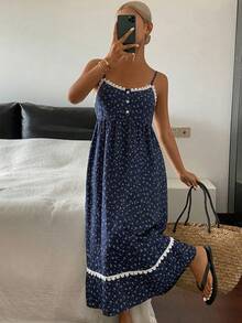 DAZY Floral Lace Patchwork Sleeveless Camisole Waist Nightgown For Women - Navy Blue - View 3