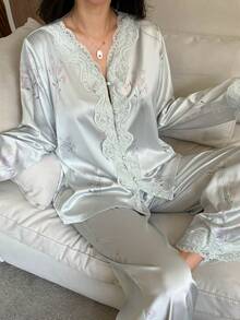 DAZY Floral Print Lace Patchwork Loose Women Pajama Set, Fall Winter Clothes - Green - View 4