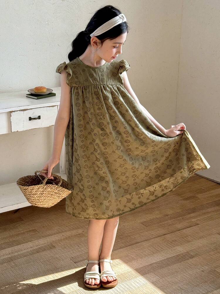 Tween Girl Allover Print Ruffle Hem Round Neck Casual Dress