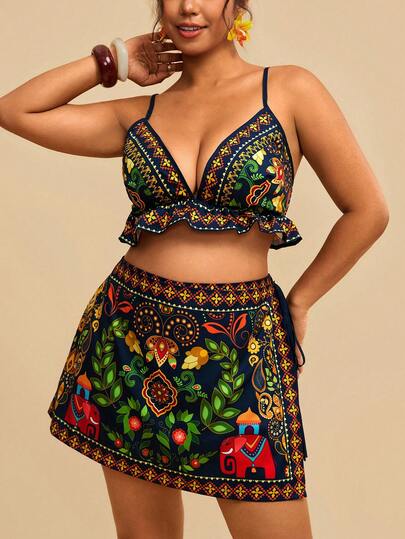 Travachic Plus Size Women Summer Floral Print Shorts Set, Camisole Top With Ruffle Hem Paired With Wrap Skort 2 Pieces Outfit