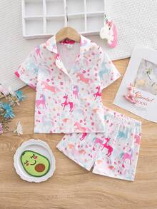 2件套 女童简约舒适独角兽印花开衫短袖上衣和短裤睡衣套装 - 彩色 - 查看 1