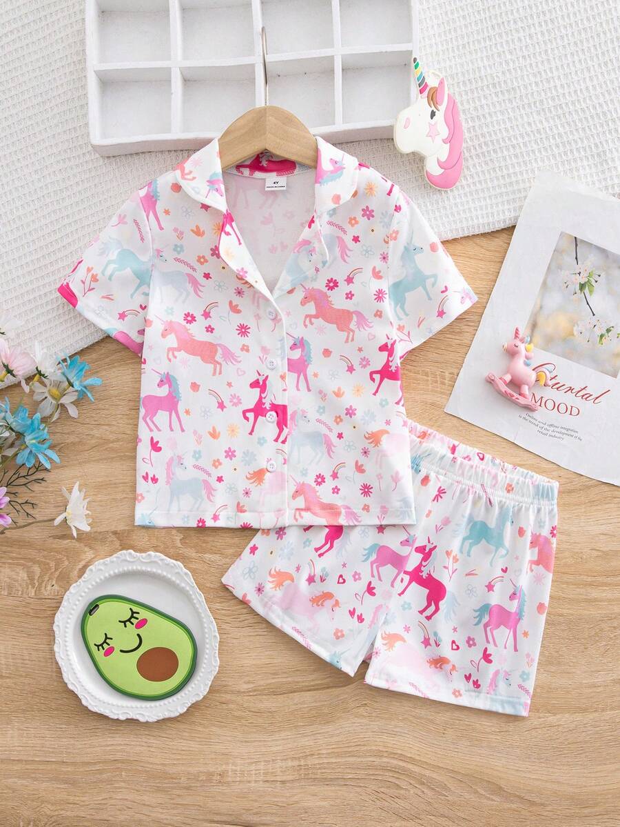 2件套 女童简约舒适独角兽印花开衫短袖上衣和短裤睡衣套装 - 彩色 - 查看 1