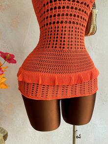 Roelina Đầm ngắn hở lưng khoét ren móc gợi cảm, thích hợp mặc ngoài biển cùng bikini trong kỳ nghỉ. - trái cam - Xem 5