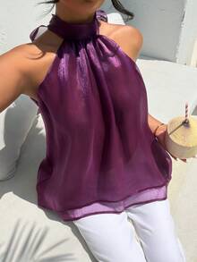 Aloruh Áo kiểu nữ thanh lịch cổ cao buộc dây không tay chất liệu chiffon màu trơn - Màu tím - Xem 9
