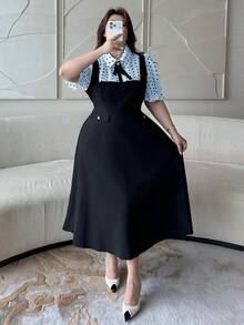 Vibekara Vestido midi evasê elegante e casual de manga curta com gola dobrável, meio abotoamento frontal, estampa de bolinhas e botões em cores contrastantes. Tamanho plus size. - Azul - Ver 6
