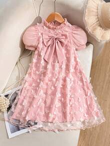 SHEIN Elladie kids 女童香槟色复古风连衣裙，雪纺泡泡袖+3D蝴蝶结大蝴蝶结公主薄纱裙，适合生日派对、钢琴演奏会、日常休闲穿着 - 粉色 - 查看 6