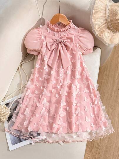 SHEIN Elladie kids 1pc Girls Champagne Vintage Style Dress, Chiffon Puff Sleeve + 3D Butterfly Big Bow Princess Tulle Dress, Suitable For Birthday Party, Piano Recital, Casual Daily Wear