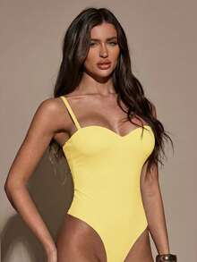 SHEIN BAE Women's Elegant Solid Color Sleeveless Bodysuit, Summer - Mustard Yellow - View 5