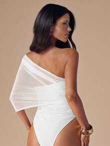 SHEIN BAE Autumn/Winter Solid Apricot Asymmetric Asymmetrical Shoulder Elegant Bodysuit For Women, Minimalist Basic Fitted Top With Sheer Wrap Ruched - White - View 2