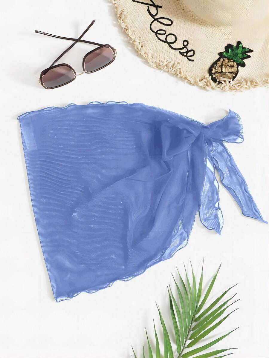 Swim Vcay 度假沙滩纯色网纱罩衫及半身裙套装 - 藍色 - 查看 1