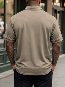 Manfinity Homme Plus Size Men's Solid Color Button-Up Printed Short Sleeve Casual Shirt - Khaki - View 3