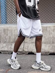 EVRINFINITE 男式字母图案条纹抽绳腰短裤 - 白色 - 查看 7