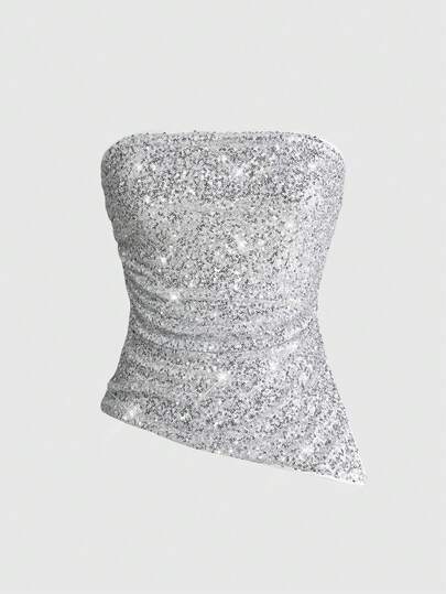 ROMWE Women's Sexy Party/Music Festival Shallow Gold Glitter Pleated Bandeau Top