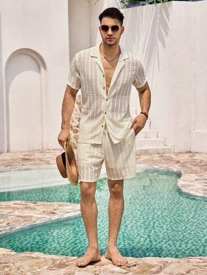Mercer Haus 男士纯色纽扣镂空衬衫短裤套装（2件套），度假纯色老公休闲装，适合度假、海边、日常休闲、夏季男士度假套装，男士两件套夏季舒适套装，适合夏威夷夏季热带度假。