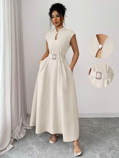 Elenzga Women's Elegant Casual Commute Vacation Afternoon Tea Valentine's Day Party Solid Color Sweetheart Neck Sleeveless Waist Ruched Buckle Belt Flared Hem Pockets Maxi Dress, Spring/Summer