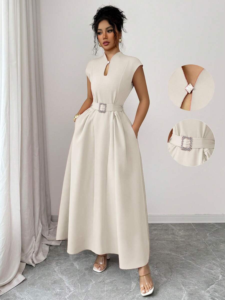 Elenzga Đầm maxi nữ thanh lịch, thoải mái, thích hợp đi làm, đi nghỉ mát, dự tiệc trà chiều, ngày Valentine, tiệc tùng, màu trơn, cổ tim, không tay, eo nhún, thắt lưng khóa, gấu xòe, có túi, mùa xuân/hè. - Màu be - Xem 1