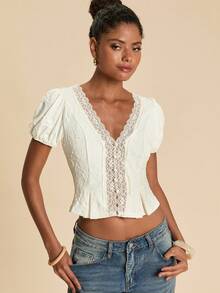 SHEIN TRVLCHIC Women's Elegant Solid Color Lace Patchwork Blouse, Summer,Summer Top - Apricot - View 5