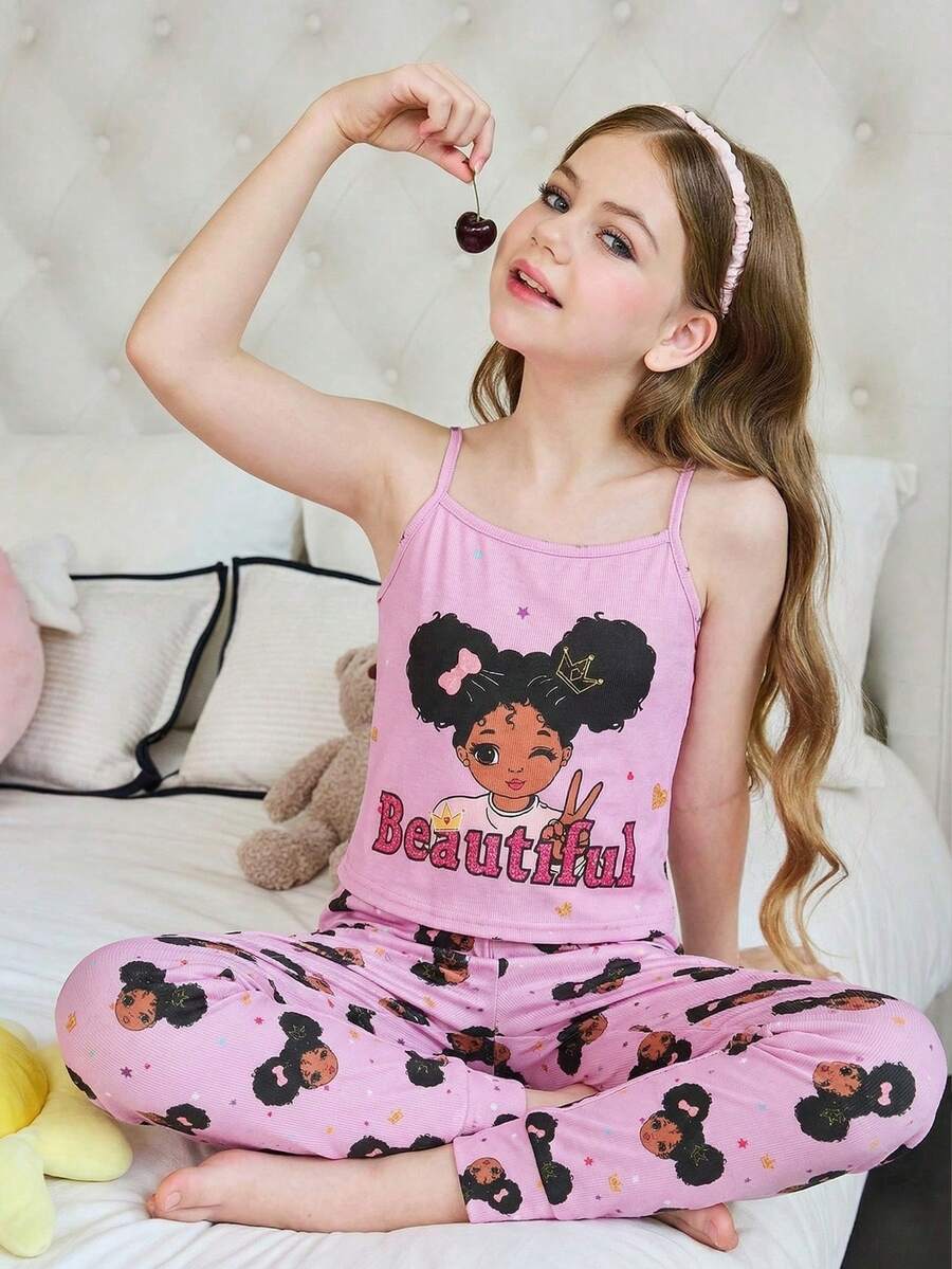 SHEIN Tween Girl Cartoon Print Snug Fit Short Sleeve & Long Pants Cute Casual Knit Pajama Set - Baby Pink - View 1
